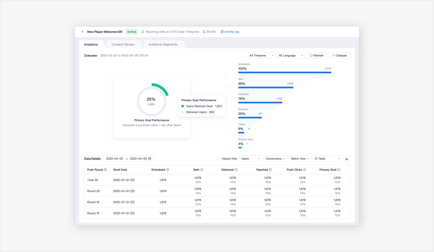 Campaign performance reporting with delivery and outcome metrics