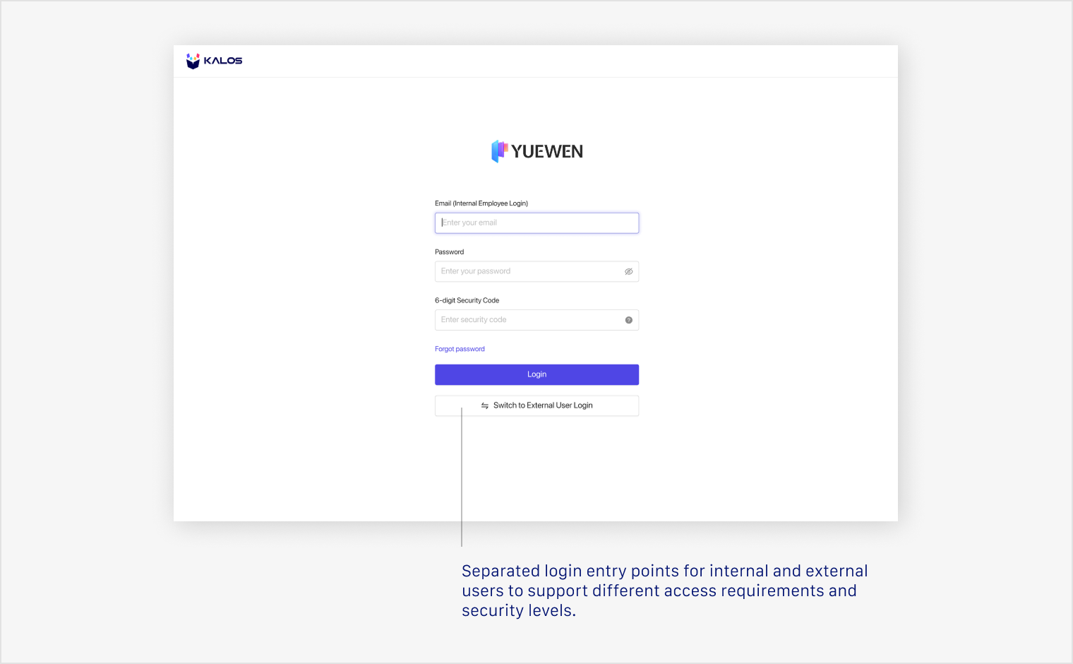 Login flow showing separate entry points for internal and external users